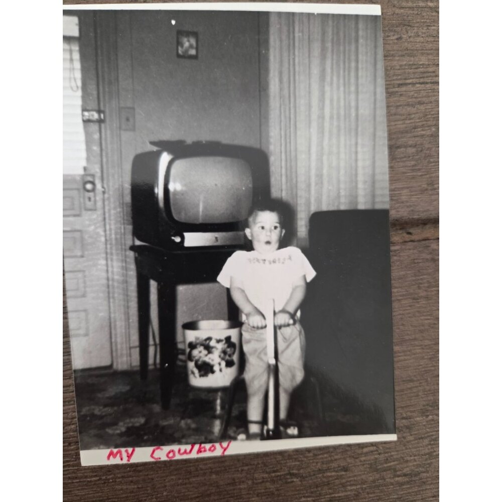 VTG B & W Photo Funny Face Boy On Toy Horse Retro TV cowboy Surprise